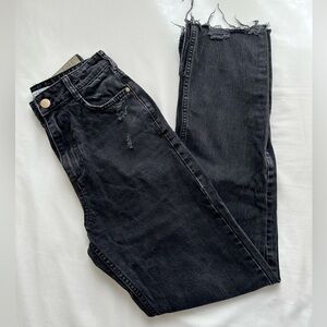 Zara High Rise Straight Leg Distressed Hem Jean